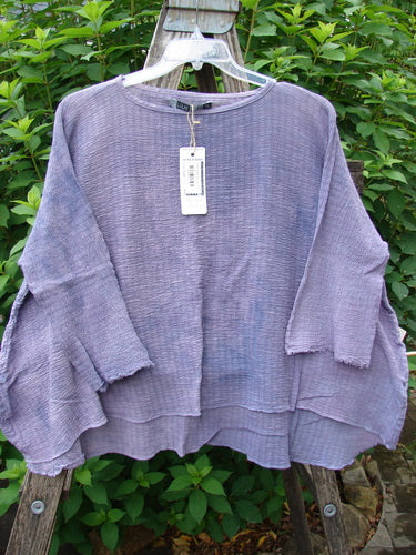 Barclay NWT Crinkle Gauze Crop Top in Mottled Smokey Lilac displayed on a hanger, showcasing its wide, square shape, high-low hemline, and three-quarter dolman sleeves with frayed edges.