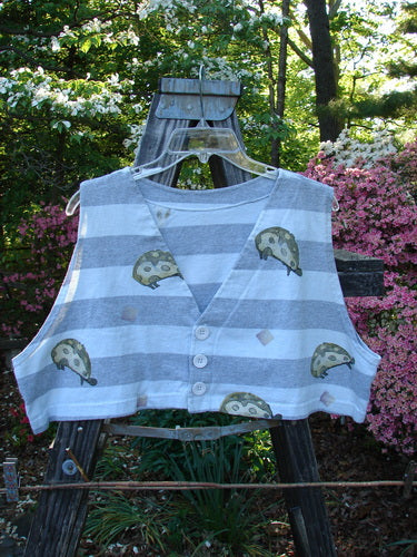 1996 Bumblebee Vest Ladybug Gray Flight Stripe Size 2 featuring a whimsical ladybug theme, two front recycled white paper buttons, and a crop wide boxy shape with deep arm openings.