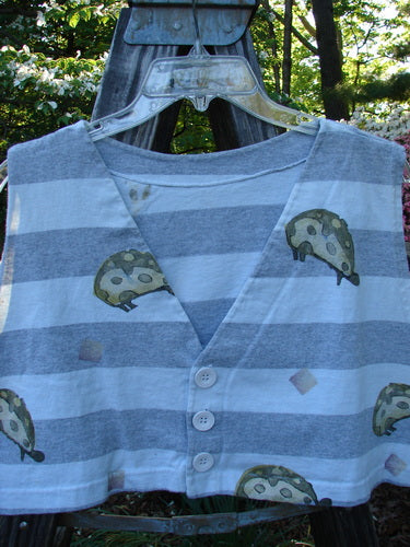 1996 Bumblebee Vest Ladybug Gray Flight Stripe Size 2, featuring a whimsical ladybug on striped organic cotton, with two front buttons, wide arm openings, and a boxy cropped shape.