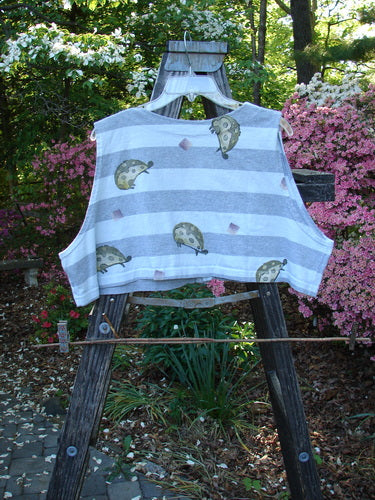 1996 Bumblebee Vest Ladybug Gray Flight Stripe Size 2 displayed on a hanger, featuring whimsical ladybug design, deep arm openings, recycled white buttons, and boxy shape made from organic cotton.