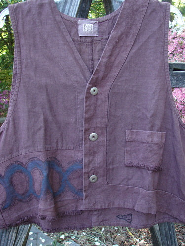 2000 Poet's Vest Celtic Loam Size 1 from the 2000 Fall Collection, featuring metal buttons, feathered accents, and a front pocket with a Celtic theme paint.