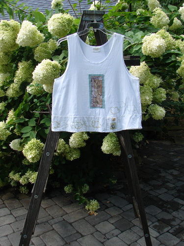 2000 PMU Patched Sun Tank Quiet Vine Cloud White Size 1 features a swingy A-line cropped shape with a tiny button pocket and a scooped neckline, embodying Bluefishfinder.com's vintage style.