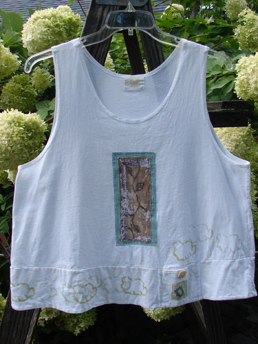 2000 PMU Patched Sun Tank Quiet Vine Cloud White Size 1 features a swingy A-line cropped shape, a tiny button pocket, and a Quiet Vine patch, embodying playful vintage Blue Fish style.