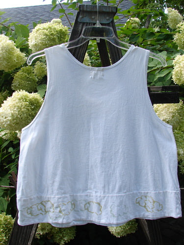 2000 PMU Patched Sun Tank Quiet Vine Cloud White Size 1 displayed on a hanger, showcasing its swingy A-line cropped shape, rolled scooped neckline, and a tiny button pocket accent.