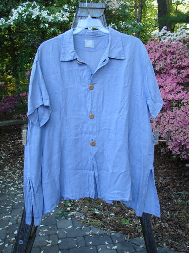 Vintage 1999 Thyme Top in Unpainted Iris, Size 2, from BlueFishFinder.com. A blue handkerchief linen shirt with A-line shape, tabbed back swing, vented sides, and oversized buttons.