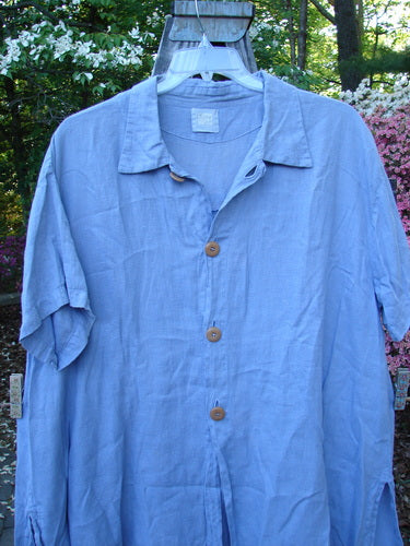 Vintage 1999 Thyme Top in Iris, Size 2, from BlueFishFinder.com. A swing-style shirt in handkerchief linen with tabbed back, vented sides, and oversized buttons. Timeless elegance for creative self-expression.