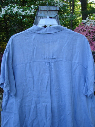 Vintage 1999 Thyme Top in Unpainted Iris, Size 2, from BlueFishFinder. A blue shirt on a swing, featuring A-line shape, back swing with pleats, vented sides, and oversized buttons. Handkerchief linen, perfect condition.