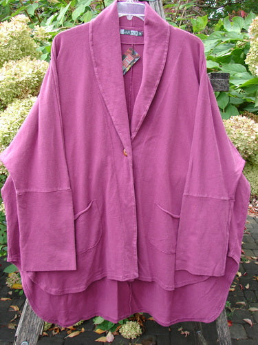 Barclay NWT Reprocessed Golden Hour Jacket Rear Folk Garden Pokeberry OSFA: Loose-fitting, long-sleeved jacket with shawl collar, single button, oversized diagonal pockets, and intricate rear folk garden painting, displayed outdoors on a wooden hanger.