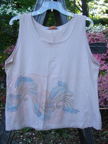 Barclay Batiste Tank Top Fern Wind Blush Size 1 with blue and pink designs on a swing, featuring a slightly deeper neckline, straight shape, and whimsical fern-inspired paint.