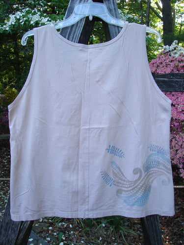 Barclay Batiste Tank Top Fern Wind Blush Size 1 displayed on a hanger, showcasing its blue fern wind designs, slightly deeper flattened neckline, straight shape, and not-too-deep arm openings.