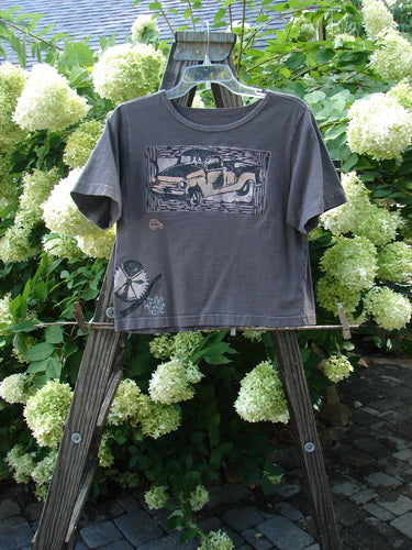 1996 KIDS Short Sleeved Tee with a vintage farm truck theme painted on a grey t-shirt. Size Medium.