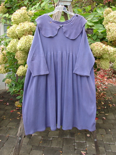 1992 Thermal Silly Collar Dress Unpainted Periwinkle Size 2, featuring a dropped waist, scalloped collar, and three-quarter sleeves, displayed on a wooden ladder with hydrangea background, epitomizing vintage BlueFishFinder creativity.