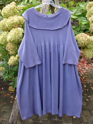 1992 Thermal Silly Collar Dress Unpainted Periwinkle Size 2 displayed on a wooden ladder, featuring a sailor collar, three-quarter sleeves, empire waist, and gathered skirt, embodying vintage Blue Fish Clothing's creative freedom.