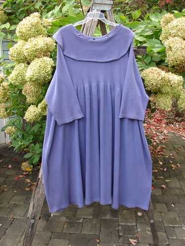 1992 Thermal Silly Collar Dress Unpainted Periwinkle Size 2, featuring a detachable sailor collar, three-quarter sleeves, empire waist, and sweeping A-line shape, displayed on a rustic ladder.