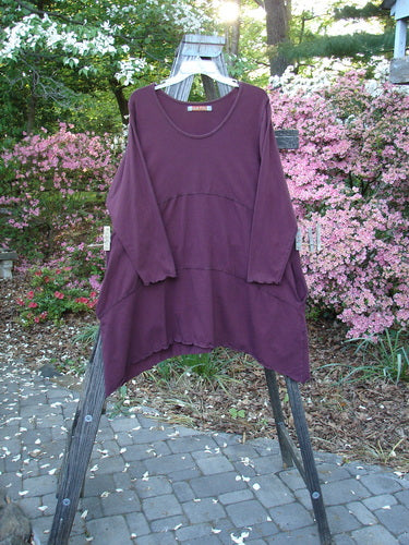 Barclay Cotton Lycra Shape Dress Unpainted Burgundy Size 1 displayed on a swinger, showcasing its long cozy sleeves, softly scooped neckline, deep inseam side pockets, and sweeping lower hemline.