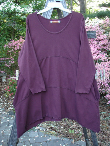 Barclay Cotton Lycra Shape Dress Unpainted Burgundy Size 1 displayed on a clothes rack, showcasing long cozy sleeves, deep inseam side pockets, and a sweeping lower varying hemline.