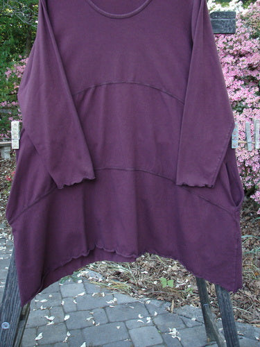 Barclay Cotton Lycra Shape Dress Unpainted Burgundy Size 1 displayed on a rack, highlighting its soft scooped neckline, long sleeves, and varying hemline.