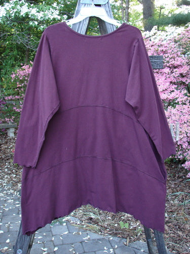 Barclay Cotton Lycra Shape Dress Unpainted Burgundy Size 1 on a hanger, featuring a softly scooped neckline, long sleeves, and a sweeping hemline with deep inseam side pockets and curly edgings.