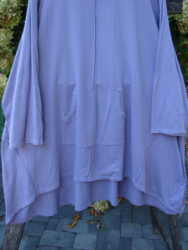 Barclay Art Studio Roo Sweatshirt Rear Rain Garden Lavender OSFA, featuring a rounded neckline, long wide sleeves, oversized kangaroo pocket, asymmetric high-low hem, and external stitchery, hanging outdoors amidst garden foliage.