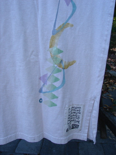 1996 Long Tea Dress Half Moon Birch Bark Size 0 displayed flat, featuring a stylized vertical fish graphic in pastel shapes, short wide sleeves, and a signature Blue Fish patch near the hem.