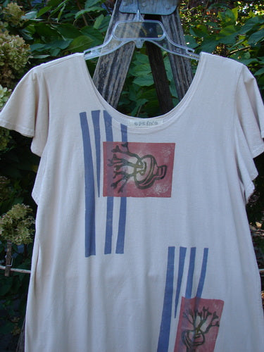 1996 Butterfly Dress Garden Path Birch Bark Size 1, featuring shorter ruffled sleeves, vertical navy stripes, and stylized tree motifs, displayed outdoors against hydrangeas, embodying Bluefishfinder's vintage, expressive style.