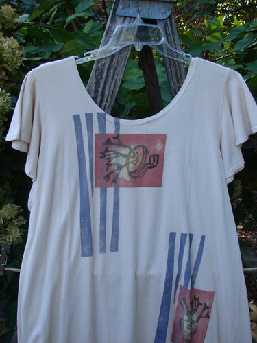 1996 Butterfly Dress Garden Path Birch Bark Size 1 features a loose-fitting, scoop-neck design with short ruffled sleeves, vertical blue stripes, and a unique graphic, embodying vintage Blue Fish Clothing's creative freedom.
