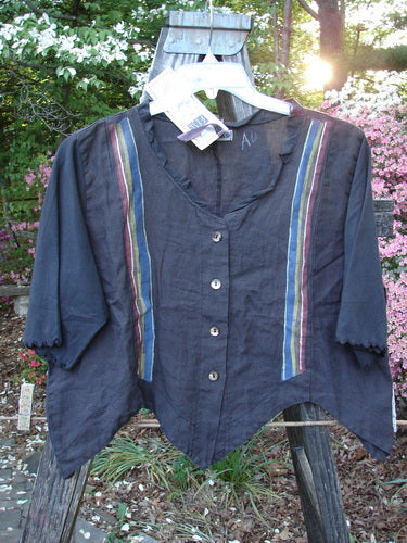 Barclay NWT Linen Scallop Crop Grid Jacket Black Stripe Size 1, a vintage Blue Fish creation by Jennifer Barclay. Features fluttery collar, cotton sleeves, scalloped hemline, pearly buttons, and stripe pattern.