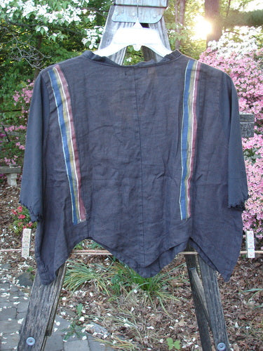 Barclay NWT Linen Scallop Crop Grid Jacket Black Stripe Size 1, a vintage Blue Fish creation by Jennifer Barclay. Features a fluttery collar, scalloped hemline, pearly buttons, and a unique stripe pattern.