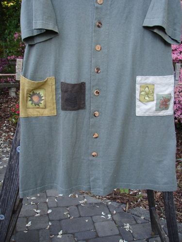 2000 Cotton Hemp 3 Block Cardigan Sun Pocket Loden Size 1 with tri-colored accents, V neckline, and three painted front pockets, showcasing unique Blue Fish buttons and rear loops for size adjustments.