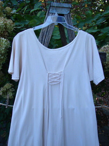 1994 Loop Dress Magic Garden Tea Dye Smaller OSFA, featuring a loose fit, short sleeves, scooped neckline, and lace-up front detail, hanging on a wooden trellis against a leafy garden backdrop.