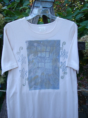 1999 Straight Dress Window Chair Teadye Size 0, featuring a muted-blue sketchy interior design and floral motifs, hangs outdoors. Organic cotton dress with rounded neckline and side pockets. 