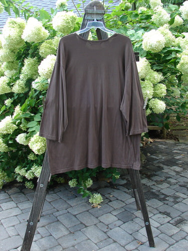 Image: A brown shirt on a rack with a long-sleeved shirt next to it, and a person's head with swingers in the background.

Alt text: Barclay Long Sleeved Café Tunic Top Fan Fare Mocha OSFA on a clothes rack.
