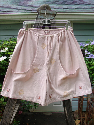 Vintage 1994 Bushel Pocket Garden Short in Pink Granite, Size 1, by BlueFishFinder. Mid Weight Cotton, Drawstring Waist, Front Pockets, Double Panel, Short Inseam, Floral Paint. Perfect for creative expression.