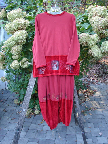 1996 Velvet Arrowhead Sofia Duo Pomegranate Size 1 2, featuring a luxurious velvet-banded hem and cuffs with silver floral motifs, showcased elegantly on a wooden ladder against a garden backdrop.