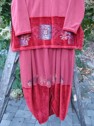 1996 Velvet Arrowhead Sofia Duo Pomegranate Size 1 2 displayed on a wooden ladder, featuring a tunic with silver medallions and matching harem-style skirt with silver motifs, embodying vintage Blue Fish Clothing elegance.