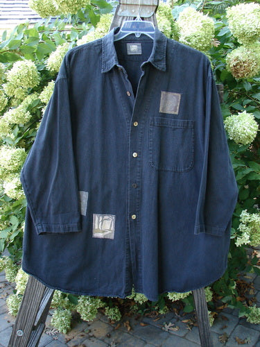 1998 Limited Edition Men's Patched Denim Work Shirt Black Size 2, with metal buttons, breast pocket, patches, and hang tab.