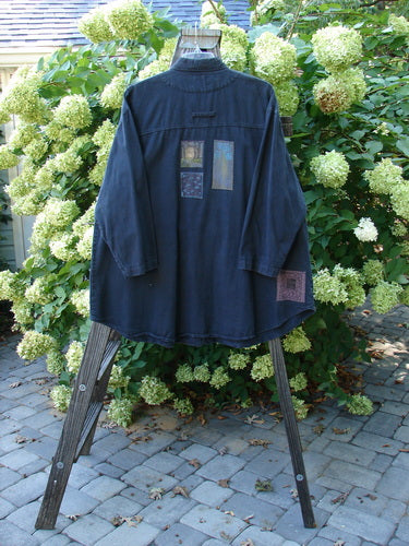 1998 Limited Edition Men's Patched Denim Work Shirt Black Size 2 on hanger with unique patches and metal buttons.