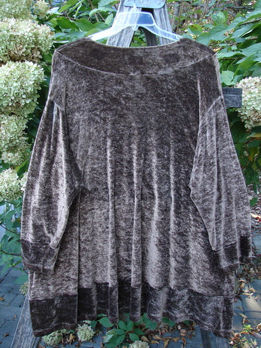 1997 Velvet Surya Top Subtle Celtic Border Mandorla OSFA features a loose-fitting tunic with swingy hemline and rounded neckline, crafted in plush stretch velvet, displayed outdoors with greenery and dried hydrangeas.