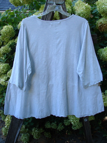 Image: A blue shirt with three-quarter sleeves, textured fabric, and a single leaf design. The shirt is on a hanger against a blurry background. 

Alt Text: Barclay Three Quarter Sleeved Textured A Lined Tee Top Single Leaf Flight Size 2. Blue shirt with unique leaf design, textured fabric, and three-quarter sleeves.
