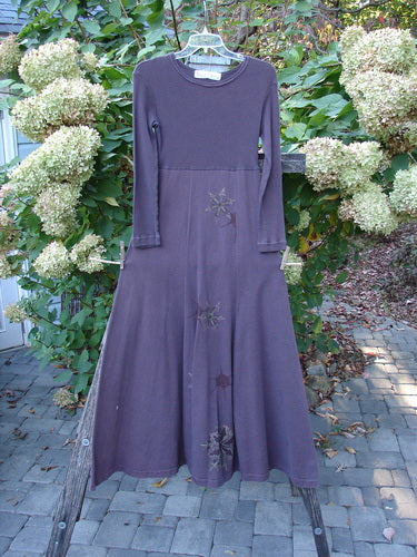 1998 Rib Top Dress Snowflake Morado Size 0: A long-sleeved, ankle-length dress with a scoop neckline, empire waist, and flowing skirt adorned with subtle appliqués, hanging outdoors, showcasing its elegant, vintage Blue Fish design.
