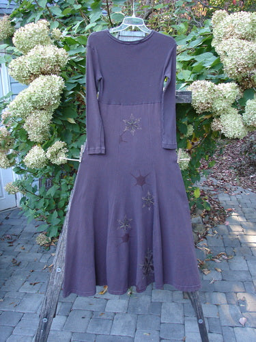 1998 Rib Top Dress Snowflake Morado Size 0 features a long, dark-brown maxi dress with long sleeves and starburst embroidery, showcasing an Empire waist and full flowing lower, hanging outdoors.