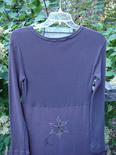1998 Rib Top Dress Snowflake Morado Size 0, featuring a fine waffle-knit upper and smooth lower with starburst embroidery, displayed on a hanger outdoors. Perfect for expressing creativity with its vintage Blue Fish design.