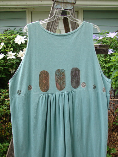 Vintage 1993 Button Jumper in Ocean, Size 2, featuring Tiny Wooden Rimmed Buttons, Tunnel Pockets, and Carved Stone Theme Paint. From BlueFishFinder's collection of unique, expressive Vintage Blue Fish Clothing.