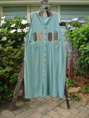 Vintage 1993 Button Jumper in Ocean, Size 2, with Wooden Rimmed Buttons, Tunnel Pockets, and Carved Stone Theme Paint. From BlueFishFinder's collection of unique, expressive Vintage Blue Fish Clothing by Jennifer Barclay.