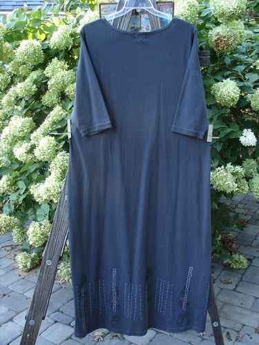 2001 NWT Tide Dress Celtic Knot Licorice Size 2: A blue dress with a slightly flared lower and three-quarter length sleeves. Features a Junk Drawer and Celtic Knot Theme Paint. Perfect for layering or as a simple dress.