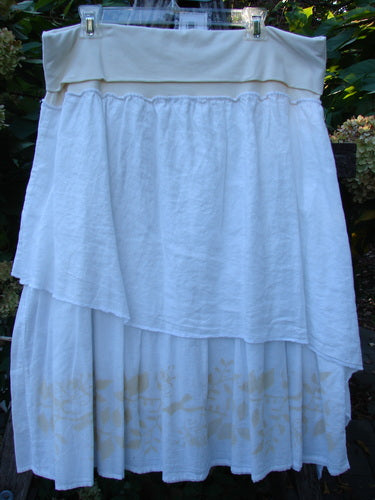 Barclay NWT Linen Fold Over Generosity Skirt Leaf Field Fresh White Size 2 features a wide fold-over waistband, tiered design, and a subtle vine and leaf motif on the underlayer.