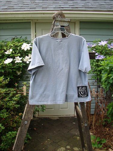 1999 Patched Short Sleeved Crop Tee Feather Bluestone Size 2 displayed on a wooden rack, showcasing its unique rolled neckline and signature Blue Fish patch.