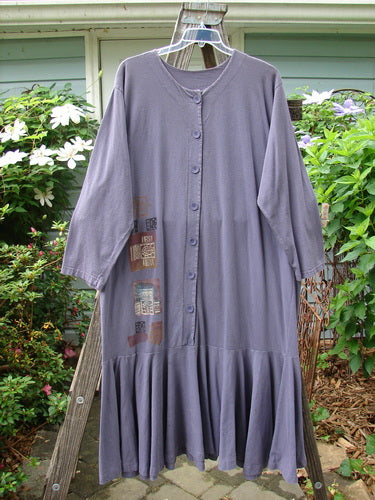 Vintage 1994 Column Dress by Spruanceberry, Size 2, featuring a magical nature path theme. Full button duster style with elongating silhouette, kick flounce, V neckline, and longer sleeves. Bust 56, Waist 56, Hips 56, Sweep 120, Length 54.