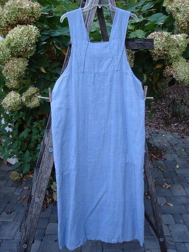 1999 Summercloth Suspender Overall Jumper Unpainted Bluestone Size 1, showcasing sturdy shoulder straps, empire waist seam, vented sides, deep pockets, and oversized metal buttons, elegantly displayed against a natural backdrop.