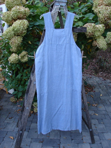 1999 Summercloth Suspender Overall Jumper Unpainted Bluestone Size 1 hanging on a ladder, featuring sturdy shoulder straps, empire waist seam, and oversized metal buttons, embodying the BlueFishFinder's vintage, expressive style.